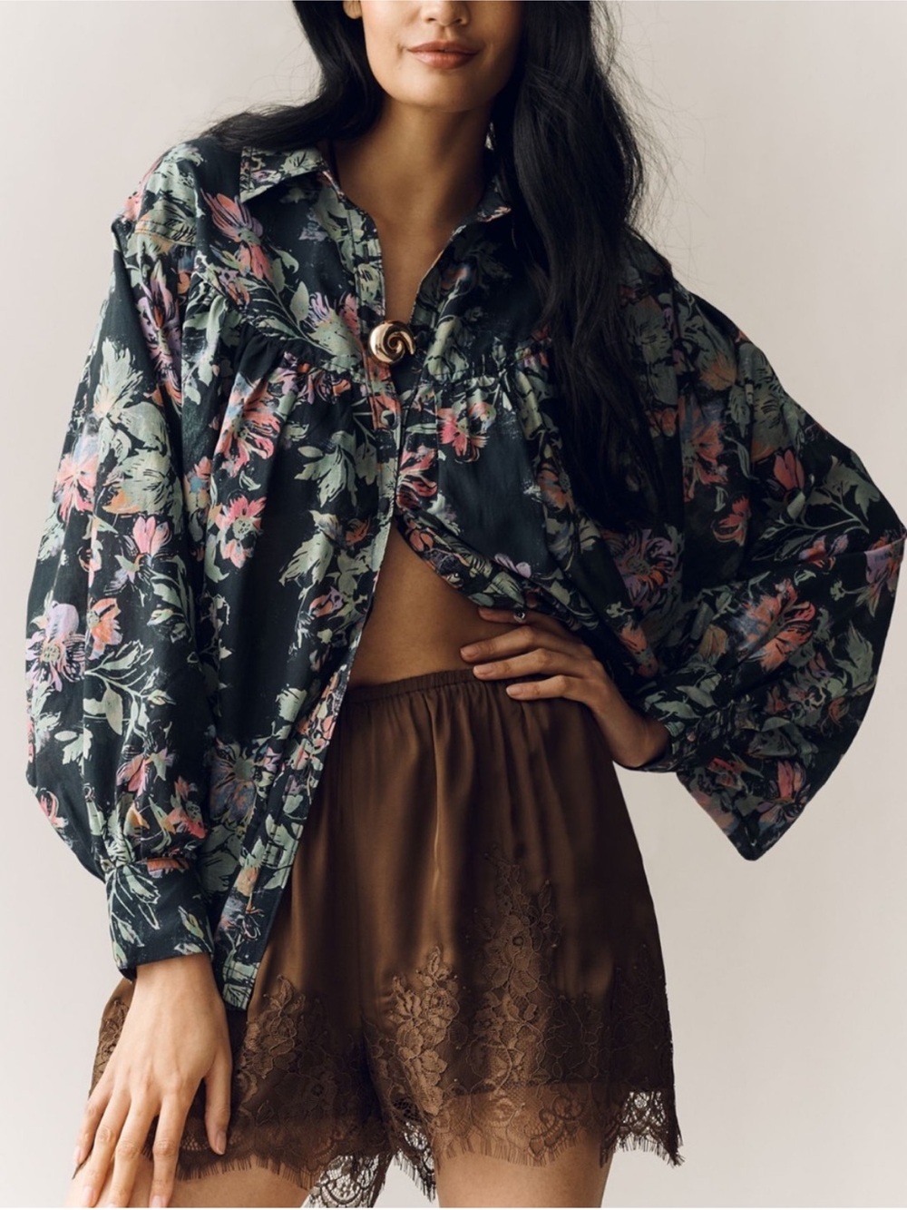 Anthropologie Pilcro Batwing Yoke Long Sleeve Collared Black Floral Blouse